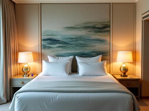 Camera da letto di lusso in un hotel di charme con carta da parati a tema marino dietro la testata del letto, colori tenui e rilassanti